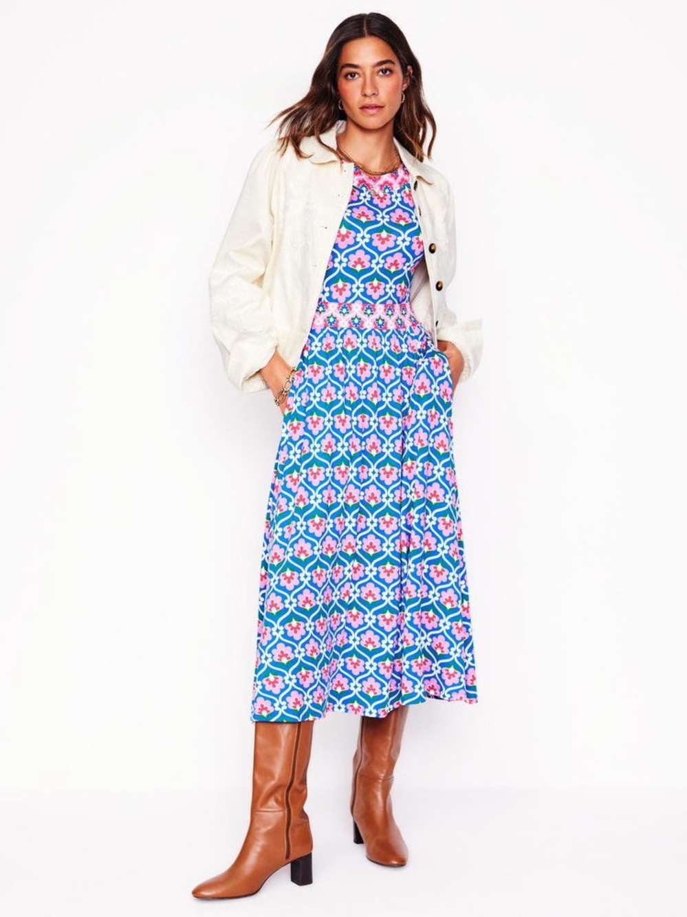 Boden Blue Pink Floral Pattern Melanie Jersey Midi Dress- Size 16-18
